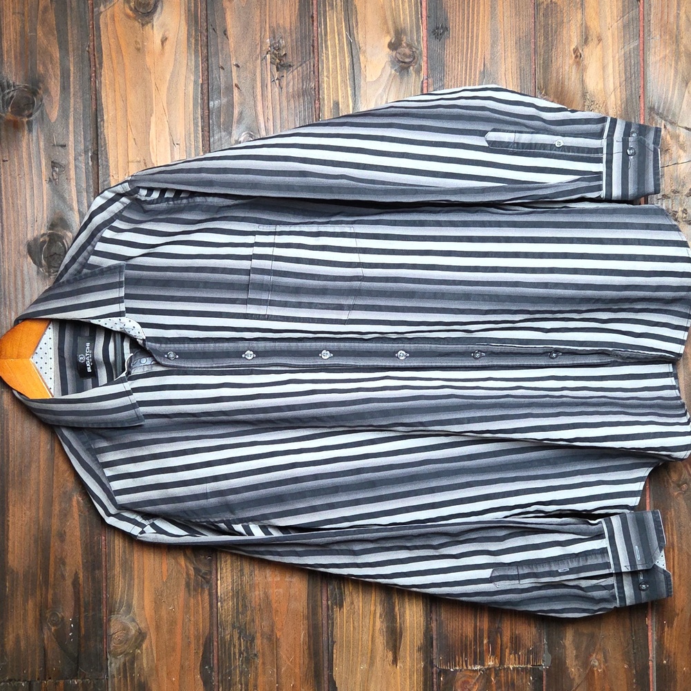 Bugatchi Black and Gray Striped Button Down Shirt 100% Cotton